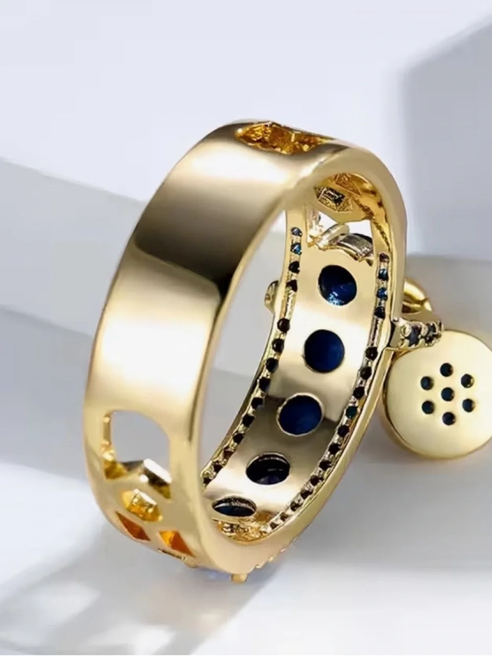 Golden Ring with Sapphire Blue Crystals and Charm